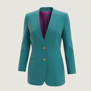 80s Vintage George Georgiou Teal 100% Silk Collarless Two Button Blazer Women 12